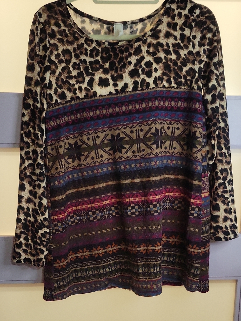 Women's Long Sleeve Mixed Print Pullover Top - Brown Multi